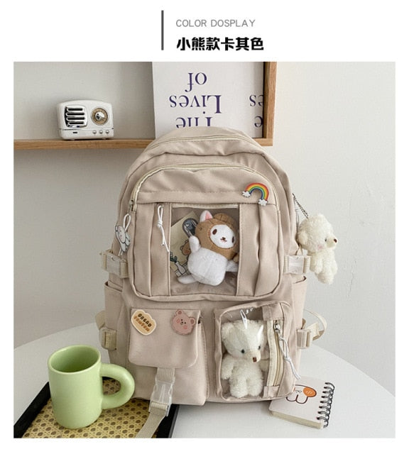 Cute Large-capacity Bookbag for Girls Multi-Pocket Nylon Backpack