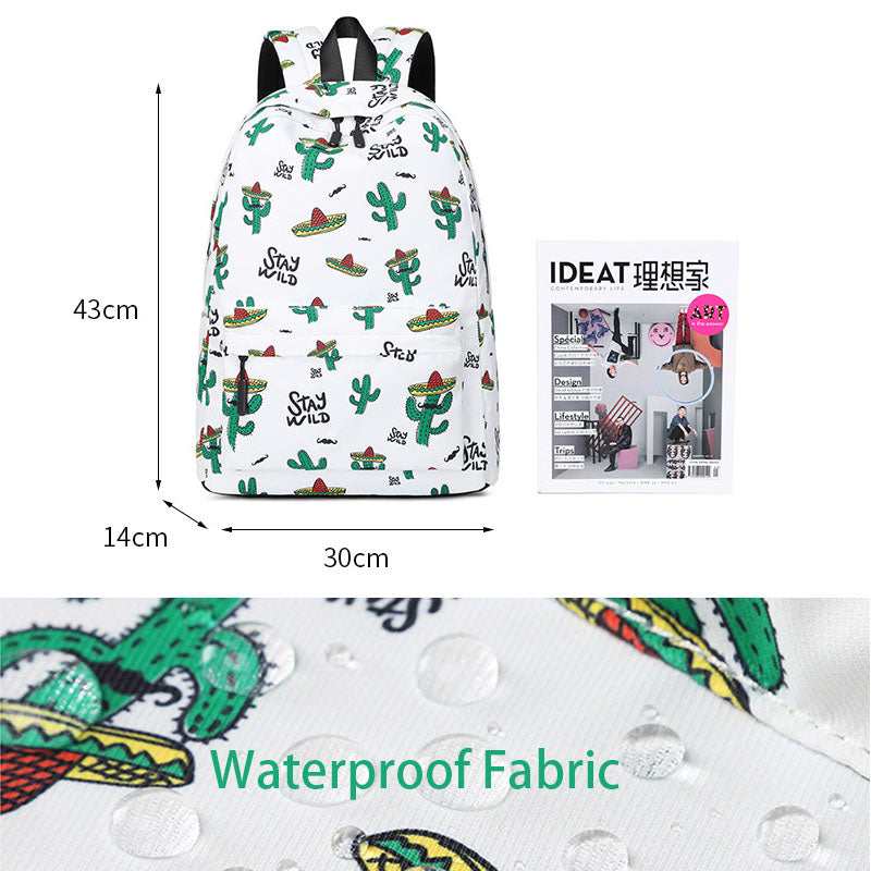 Waterproof Backpack Lightweight Cactus Printing Backbag School Student Book Bag