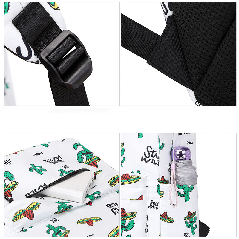 Waterproof Backpack Lightweight Cactus Printing Backbag School Student Book Bag