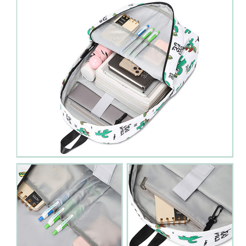 Waterproof Backpack Lightweight Cactus Printing Backbag School Student Book Bag
